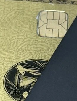 アメックス ゴールド・プリファード・カードの金属製の券面の一部。チップと横顔の柄