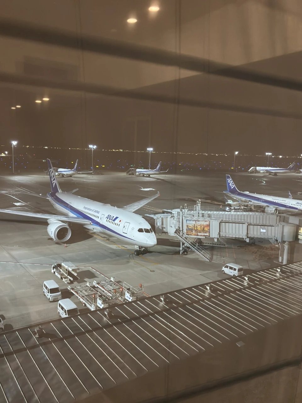 夜の羽田空港の駐機場。搭乗橋につながるANAの機体と、奥に並ぶ機体