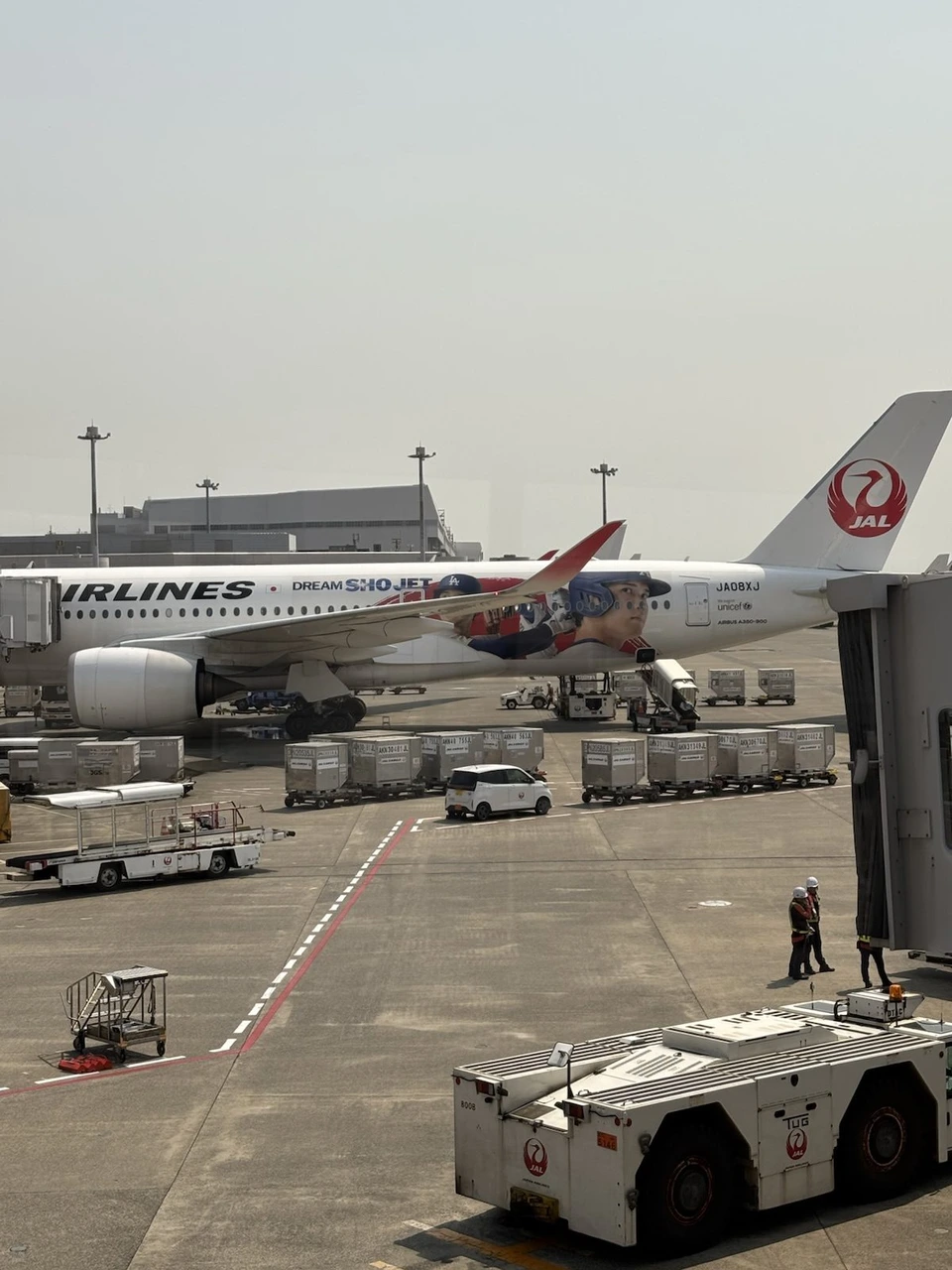 羽田空港の駐機場に止まるJALの機体と、手前のトーイングカー