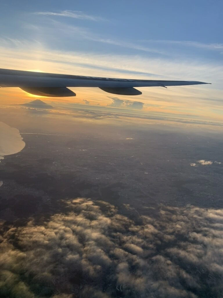 夕焼けに照らされた雲海と主翼