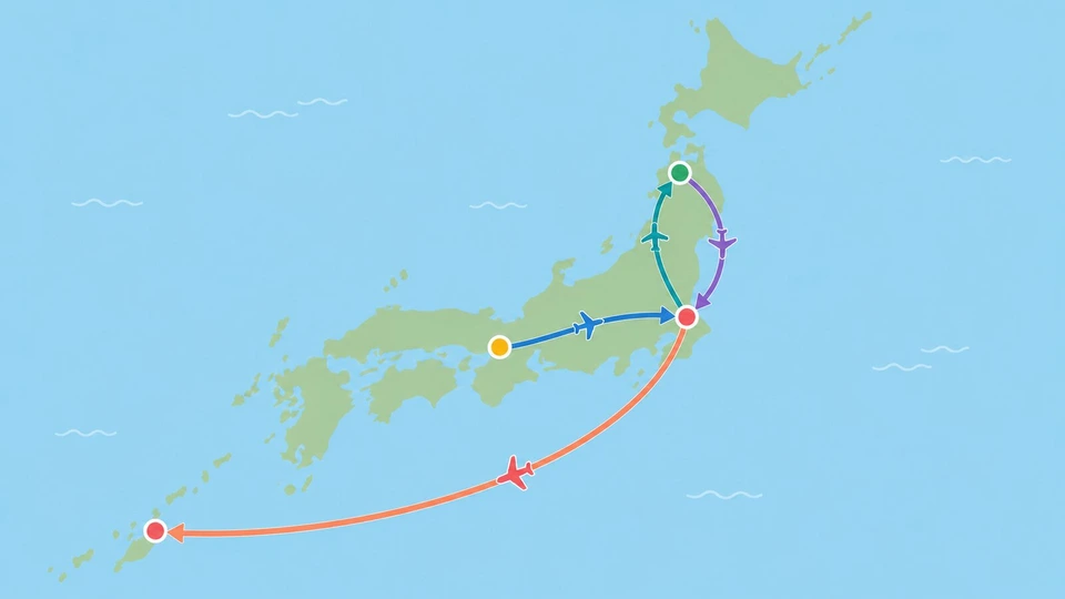日本列島のシンプルなシルエットに、大阪・東京・秋田北部・沖縄の4点を丸印で置き、飛行機アイコンつきの弧の矢印で順番に4本結ぶ(東京⇄秋田北部は往復の2本)