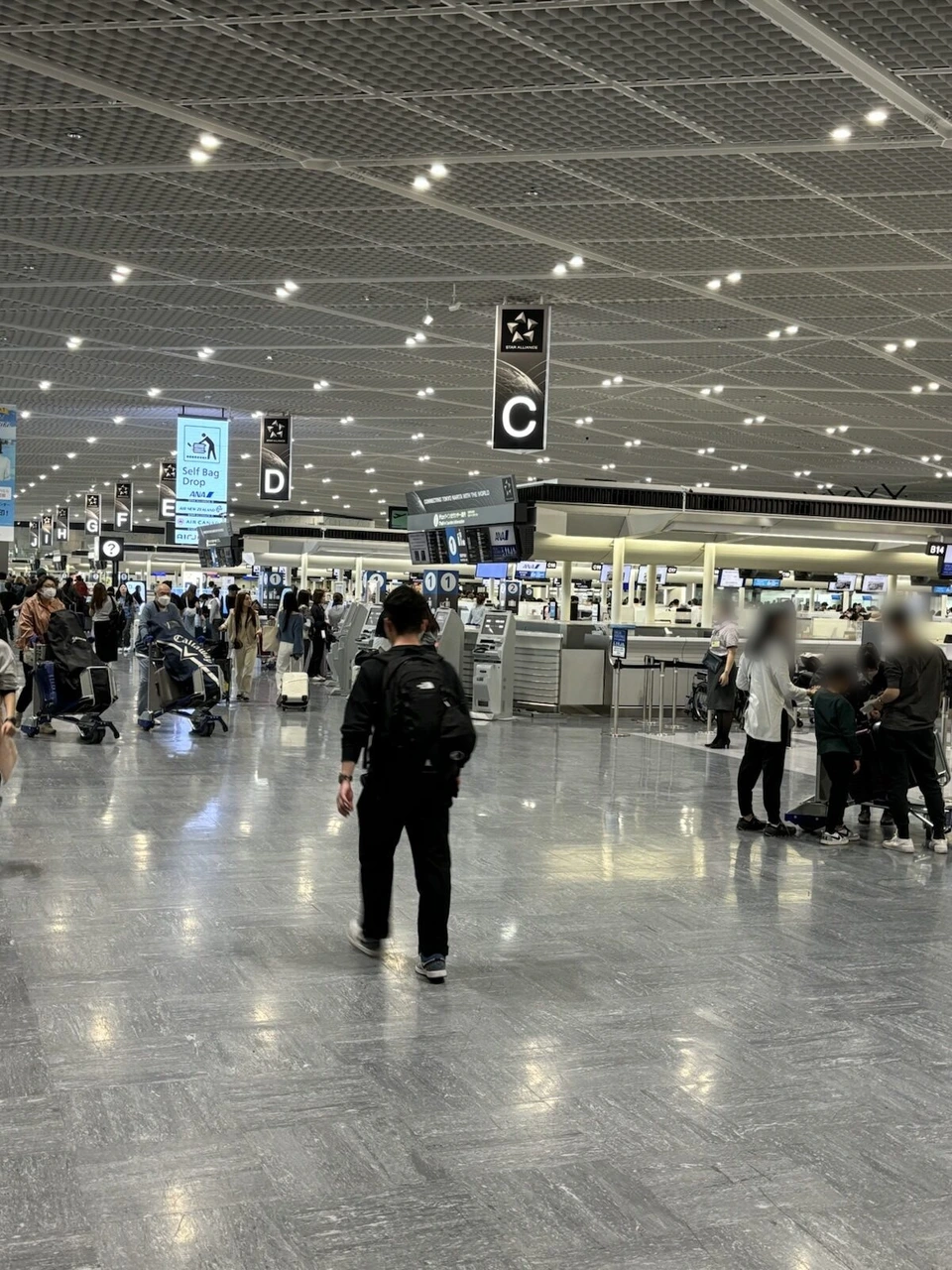 成田空港第1ターミナルの出発ロビー。Cカウンターの案内とスターアライアンスの表示