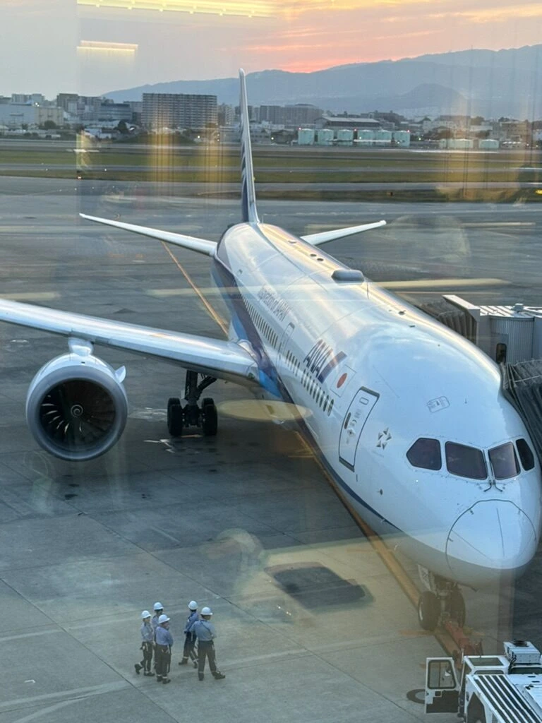 ガラス越しに見たANA機の機首と整備スタッフ