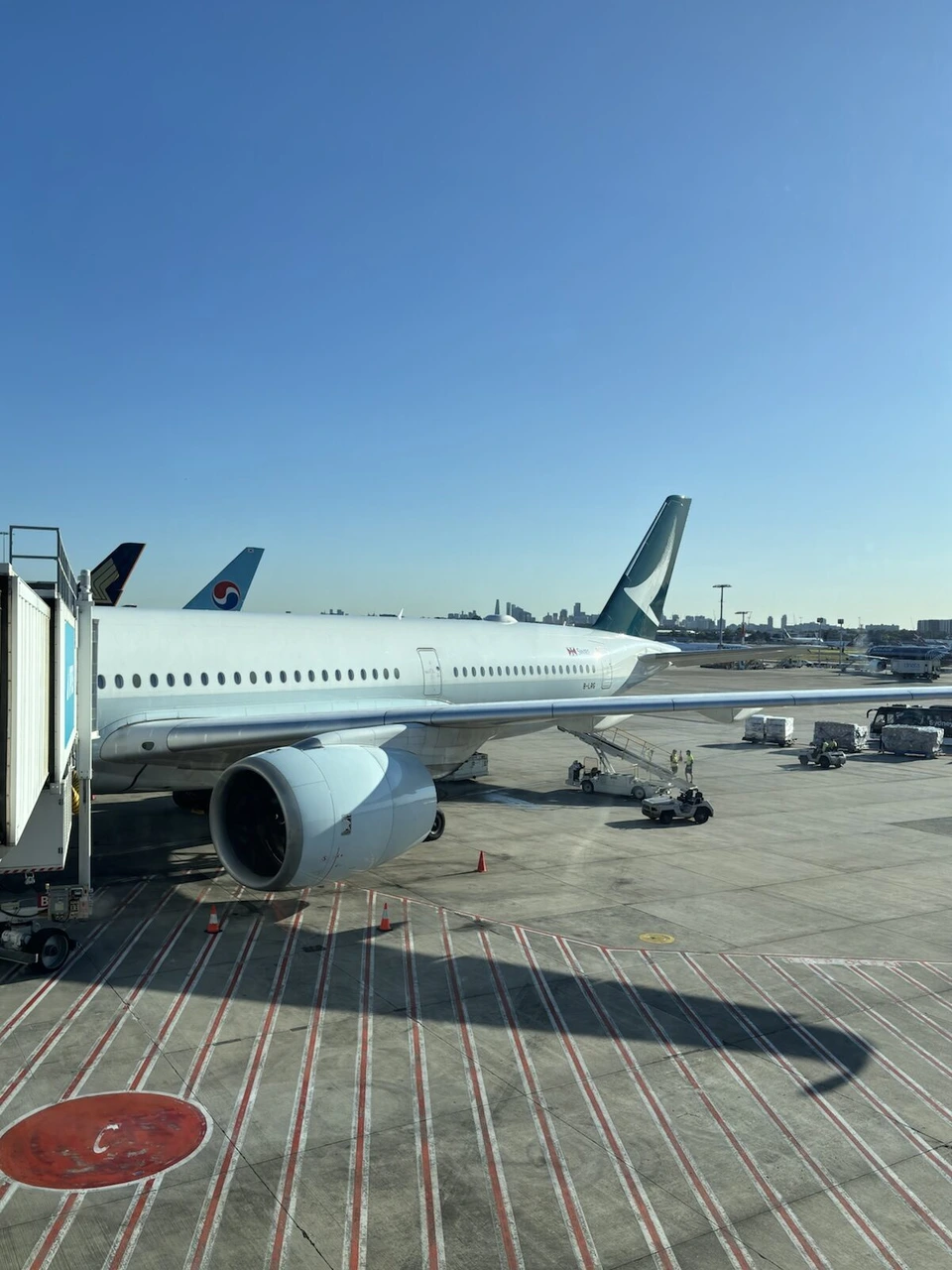 シドニー空港のゲートに止まるキャセイのA350と、奥の大韓航空機の尾翼