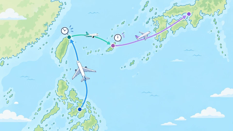 東アジアの簡単な地図風イラストにフィリピン中部・台湾北部・沖縄本島・関西の4点を置き、ワイドボディ機→小さめのジェット機→国内線の機体のアイコンつき矢印で順につなぐ