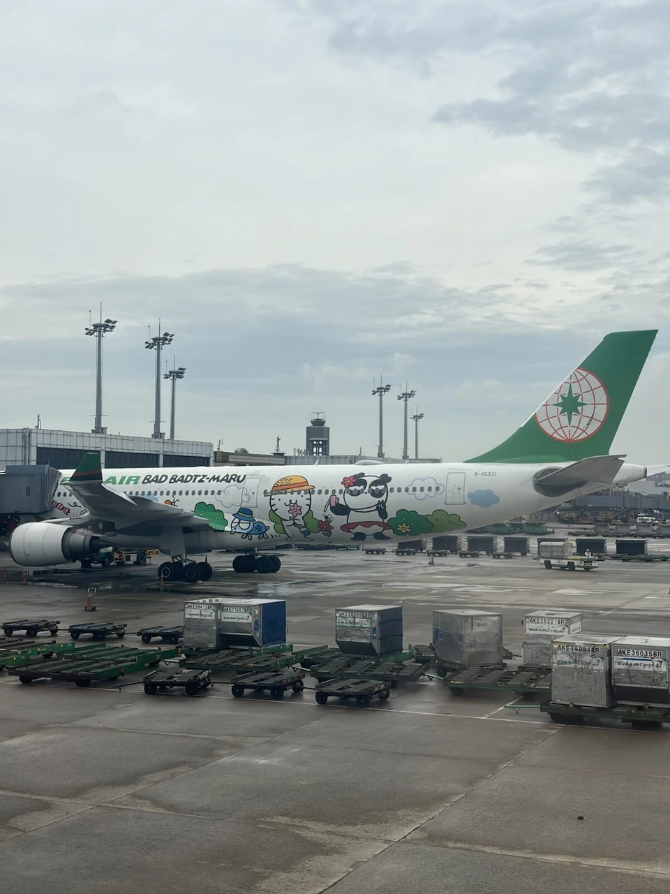 バッドばつ丸が描かれたエバー航空の特別塗装機