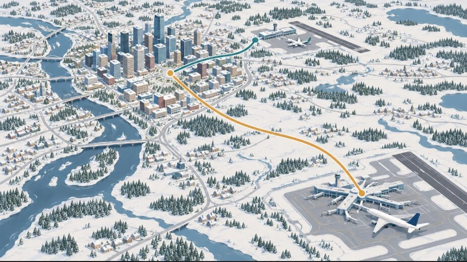 雪の札幌の街並みと、北東の近くにある小さな空港、南東の遠くにある大きな空港を線で結んだ地図風イラスト
