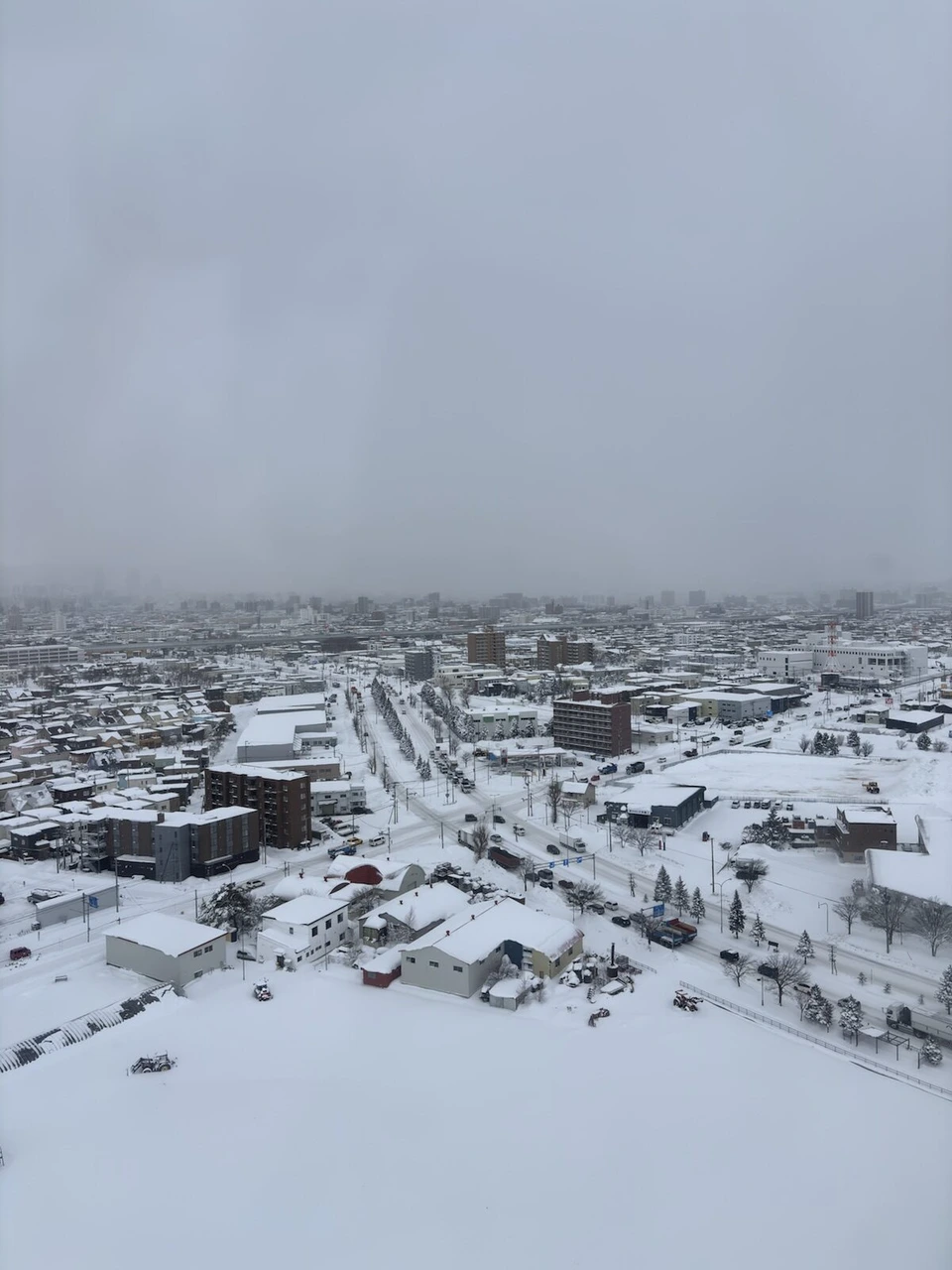 着陸前の機窓から見た雪の札幌の街並みと、遠くの低い雲
