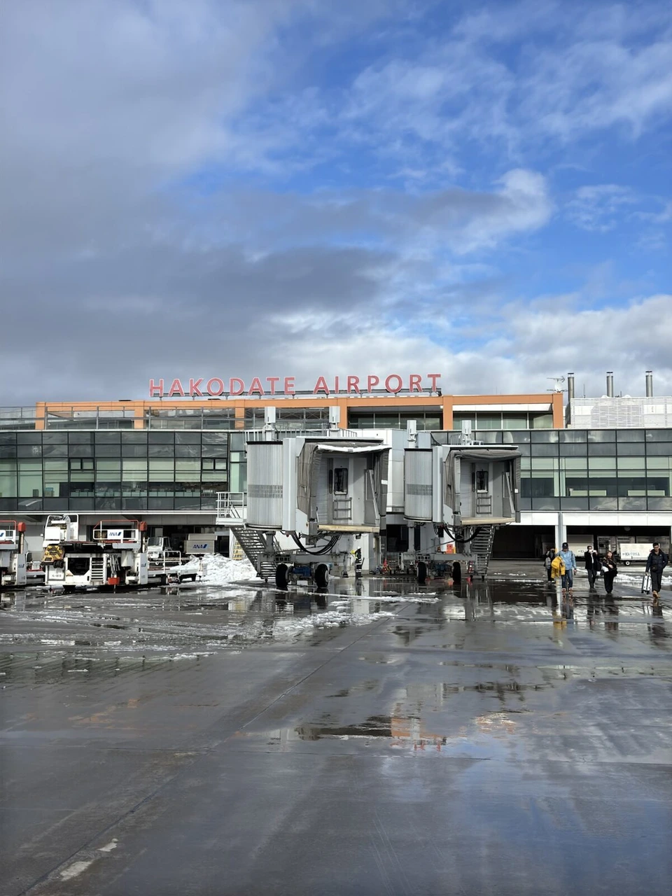 函館空港のターミナルビルと濡れた駐機場