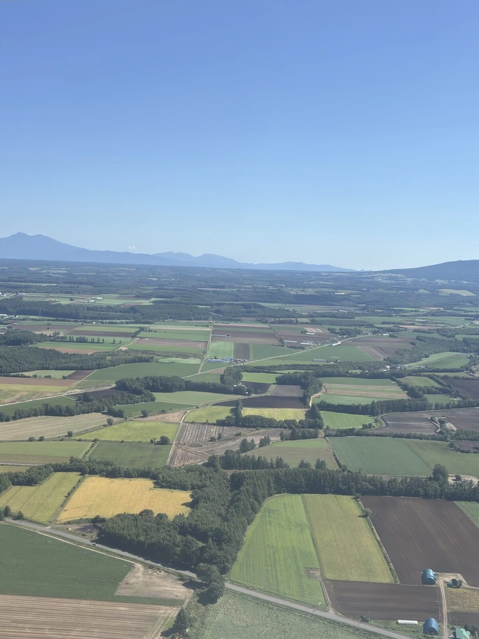 機窓から見た、遠くの山と手前に広がる色とりどりの畑