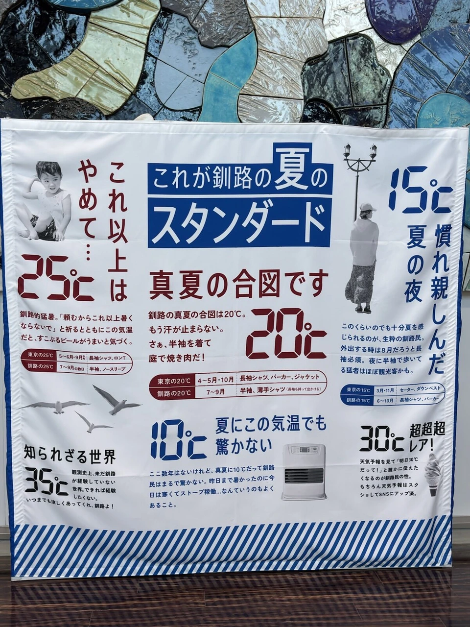 釧路空港のタペストリー。これが釧路の夏のスタンダード、20℃真夏の合図ですと書かれている