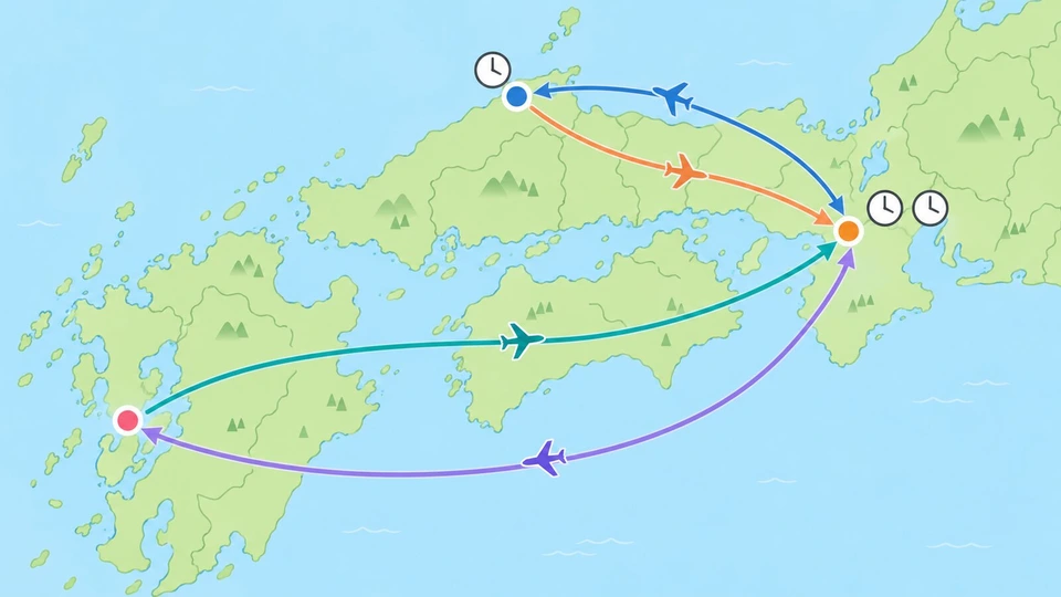 西日本の簡単なシルエットに長崎・大阪・出雲の3点を丸印で置き、小型ジェット機アイコンつきの矢印で4区間を順番に結ぶ