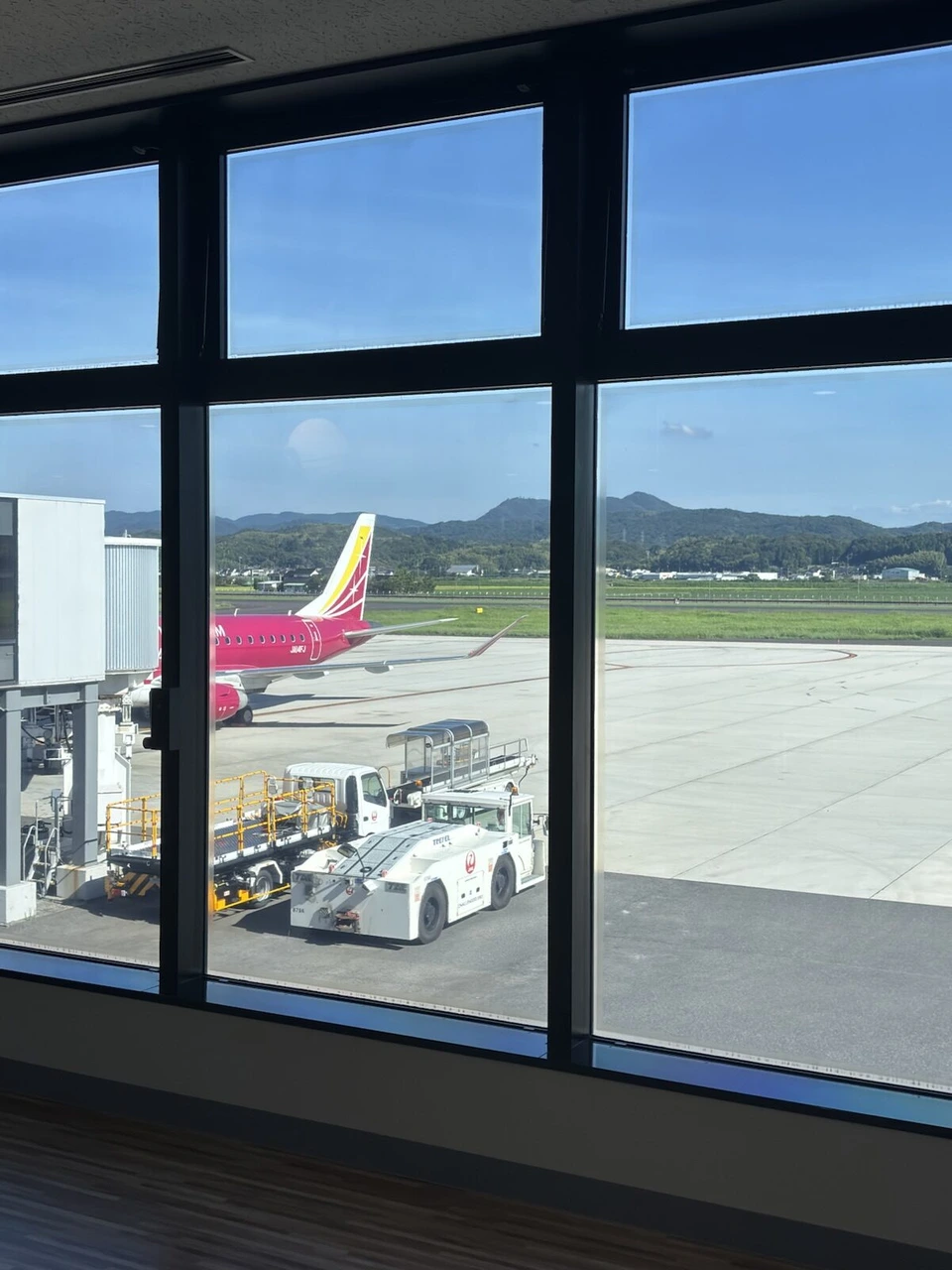 出雲空港の窓越しに見た駐機場のピンクのFDA機と、奥の山並み