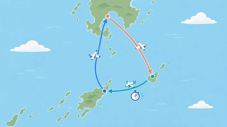 九州南端と奄美の島々の簡単なシルエットに、鹿児島・喜界島・奄美大島の3点を置き、プロペラ機アイコンの矢印で三角形に一周させる