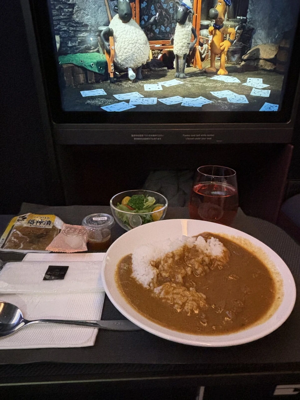 JL12のカレーライスとサラダ、漬物、赤い飲み物