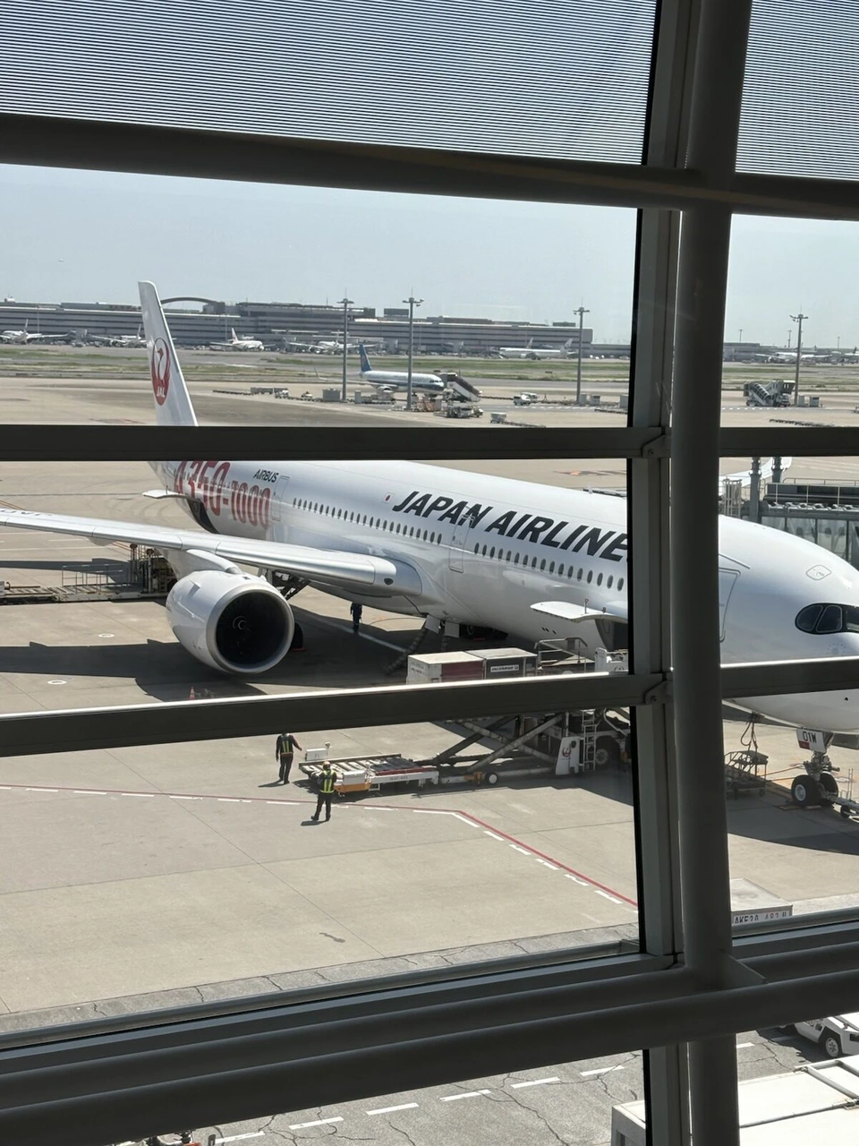 搭乗口のガラス越しに見たA350-1000の機首とエンジン