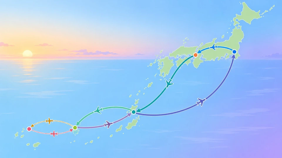 東京・大阪・沖縄本島・宮古島・多良間島を結ぶ7区間の移動を示した地図