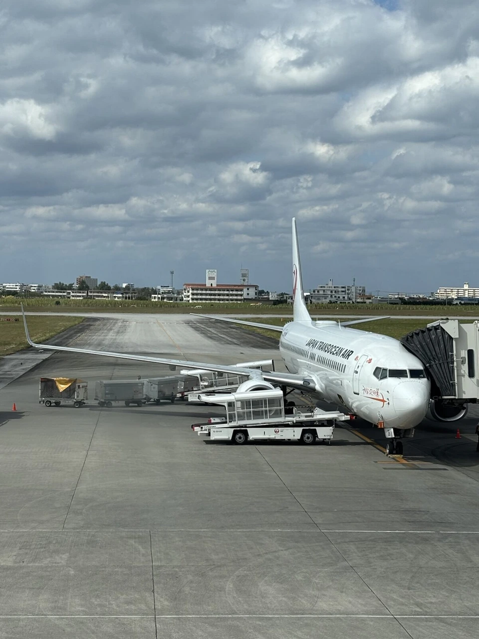 宮古空港の駐機場に止まるJTAの737と、曇り空