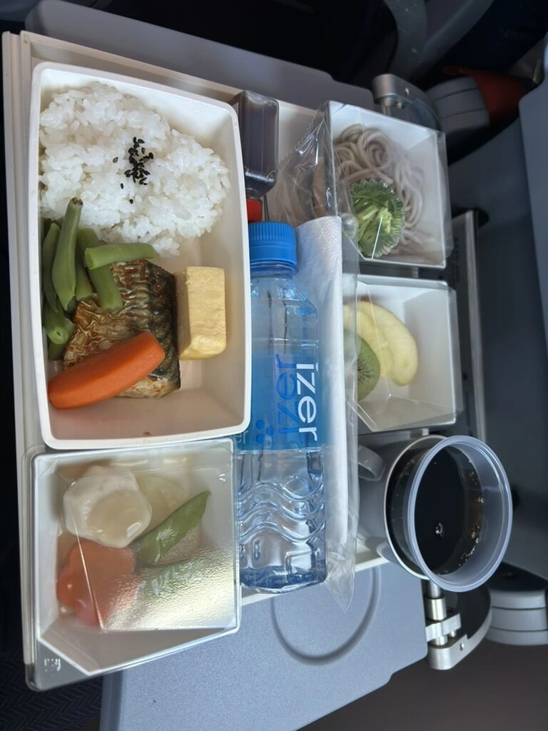 MH053の機内食トレーを上から撮った写真。izerの水のボトルつき