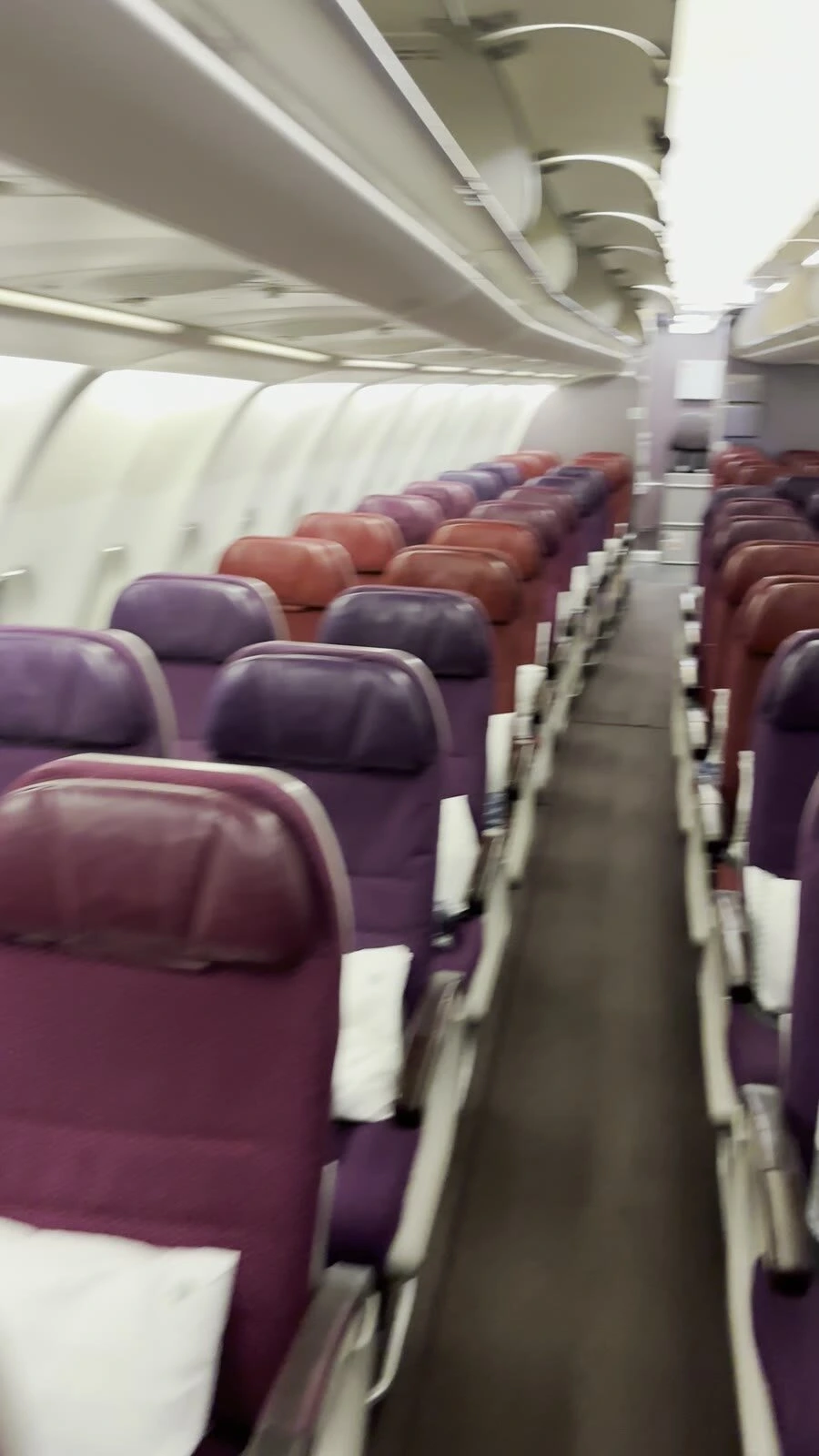 MH052のA330のエコノミー席。紫と赤のシートが並ぶ通路