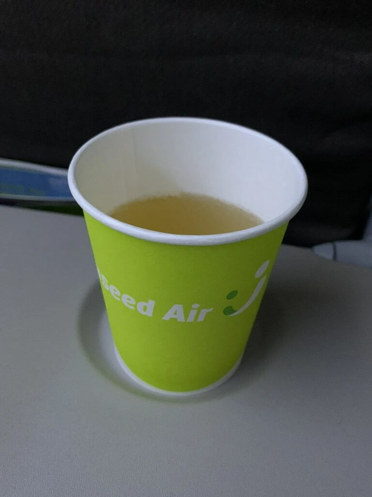 ソラシドエア130便の機内でもらった、黄緑色の紙コップの飲み物