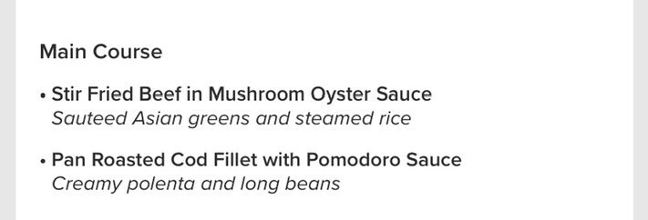SQ321のメニューカード。Main CourseにStir Fried Beef in Mushroom Oyster SauceとPan Roasted Cod Fillet with Pomodoro Sauce