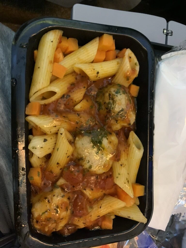 SQ332の機内食のメイン、にんじん入りトマトソースのペンネ