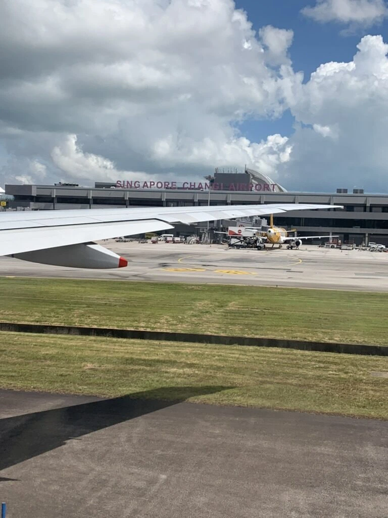 地上走行中の機内から見たチャンギ空港のターミナルと駐機中のスクート機