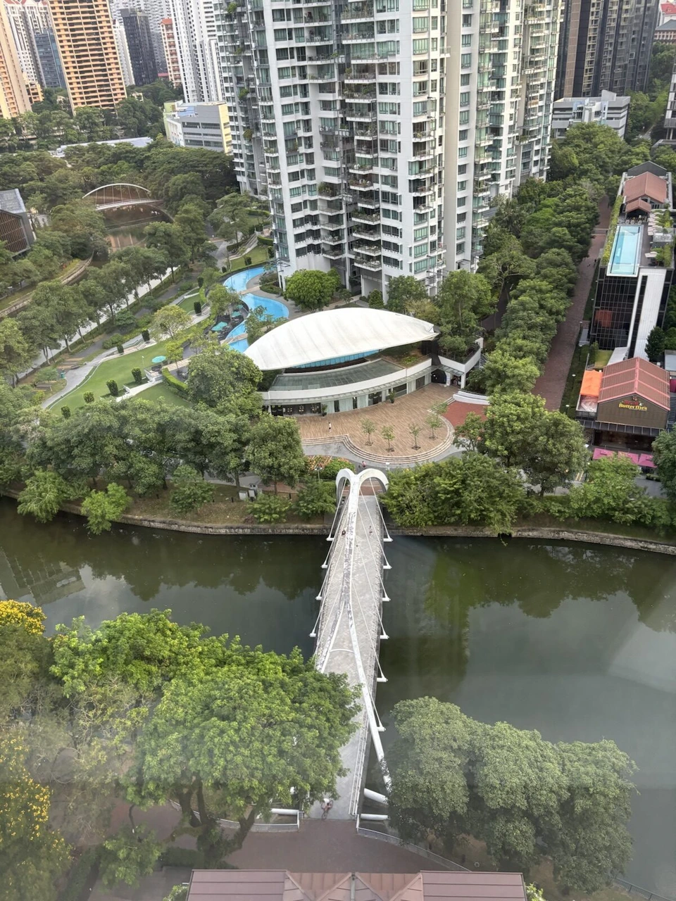 ホテルの窓から見たシンガポール川と歩道橋、川沿いの緑
