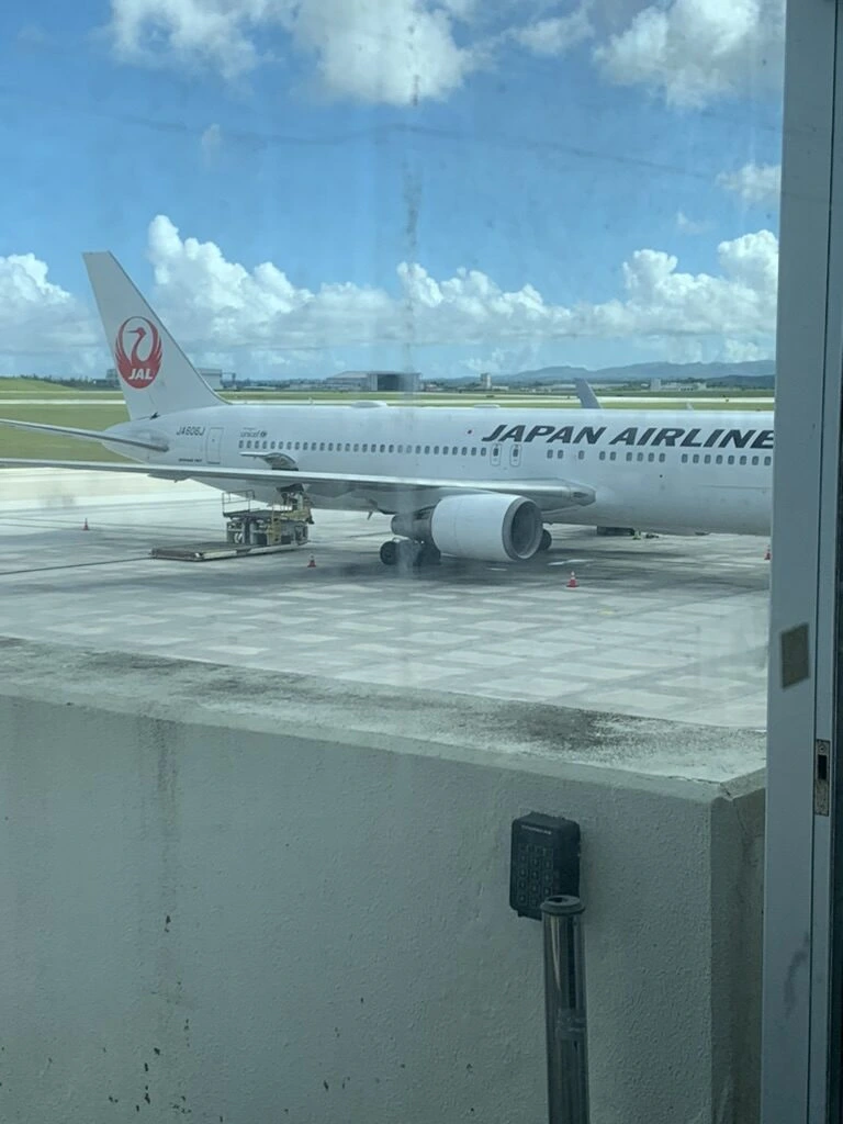 グアム空港でガラス越しに見た、ユナイテッドの737の横に止まる日本航空の機体