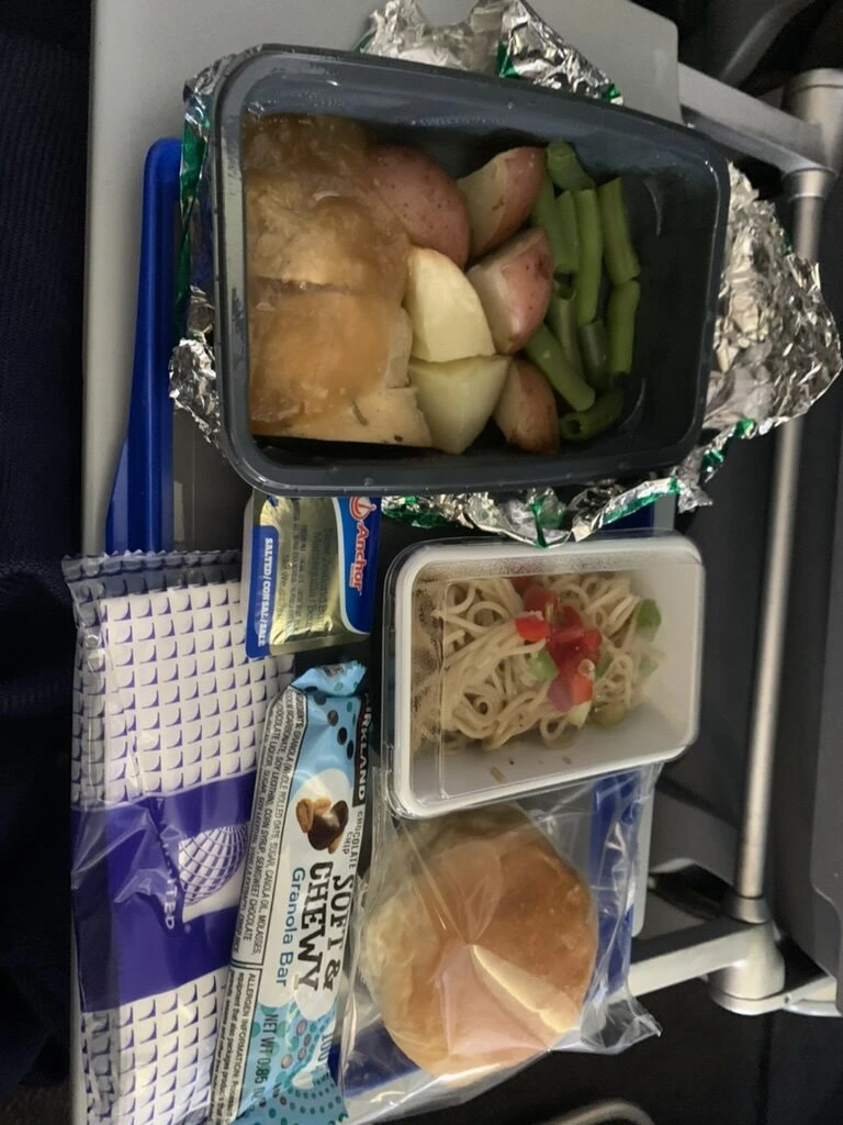 上から見た機内食のトレー。メイン、パスタサラダ、パン、Soft & Chewyのグラノーラバー