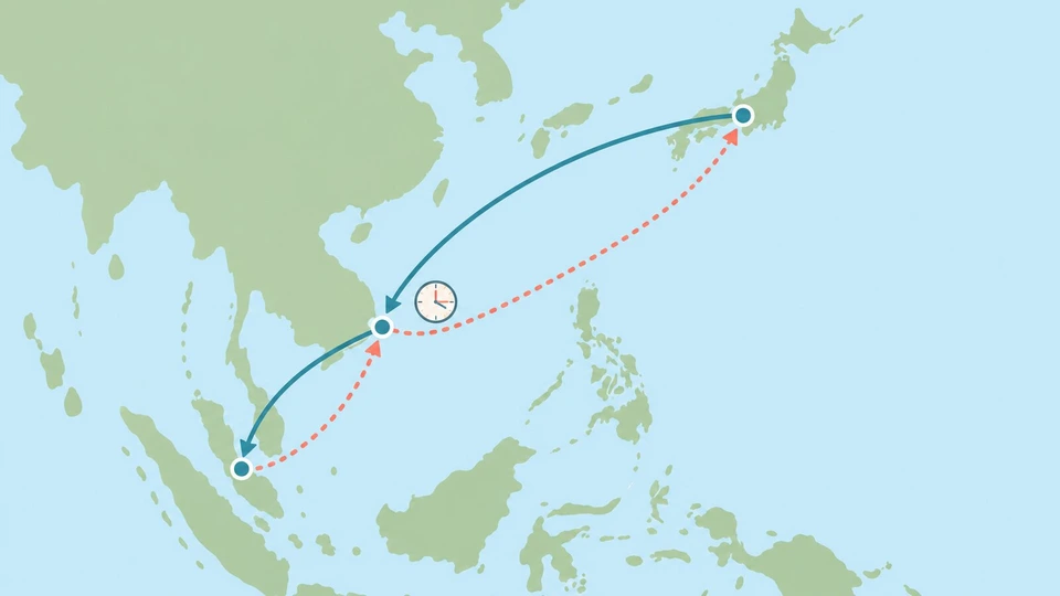 東南アジアと日本の簡単な地図風イラストに大阪・ベトナム南部・マレー半島の3点を置き、行き（2本の実線矢印）と帰り（2本の点線矢印）でホーチミンを経由する往復を描く