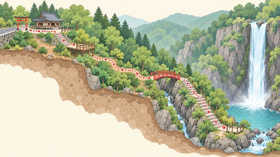 入口から滝見台、不動滝橋、滝つぼへ下る道の順番のイラスト