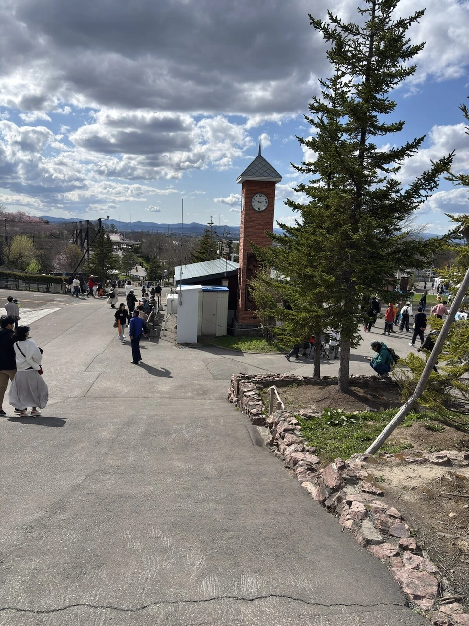 旭山動物園の帰り道の坂に立つレンガの時計塔と針葉樹。遠くに旭川の街