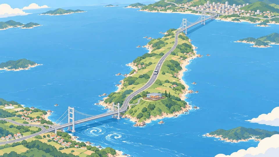 神戸から淡路島を縦に走り、南端のIC近くのレストランに寄って大鳴門橋で四国へ渡る位置関係のイラスト