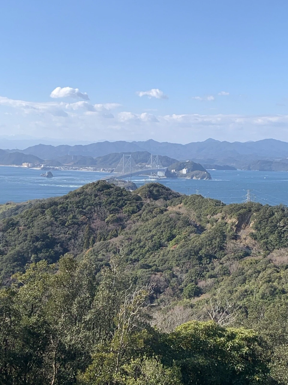 うずの丘から見た、緑の山の向こうの大鳴門橋と鳴門海峡。晴れた冬の青空