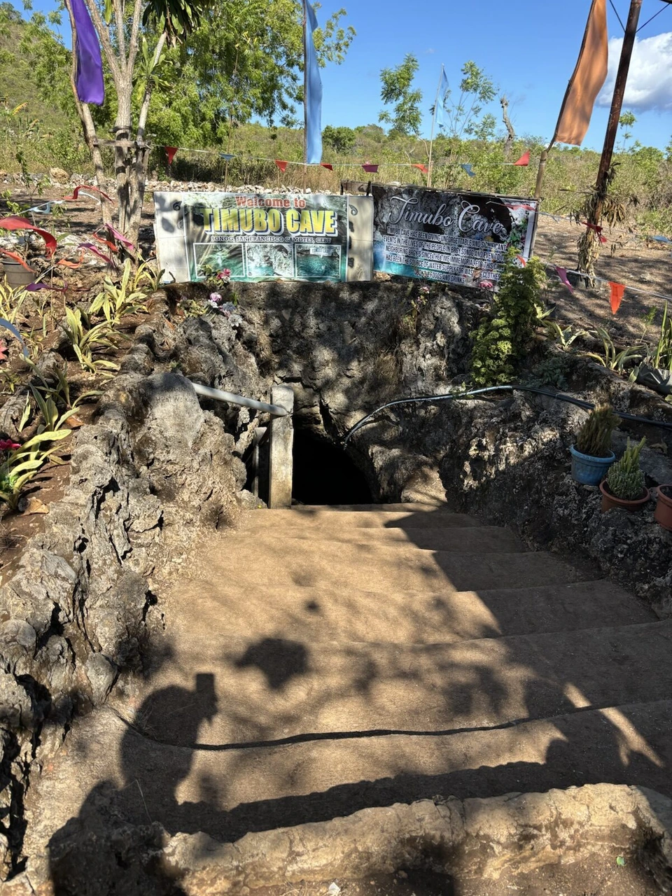 ティムボ洞窟の看板と、地面に開いた洞窟の入口