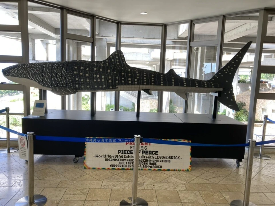 沖縄美ら海水族館のガラス張りのホールに展示されたレゴブロック製のジンベエザメ