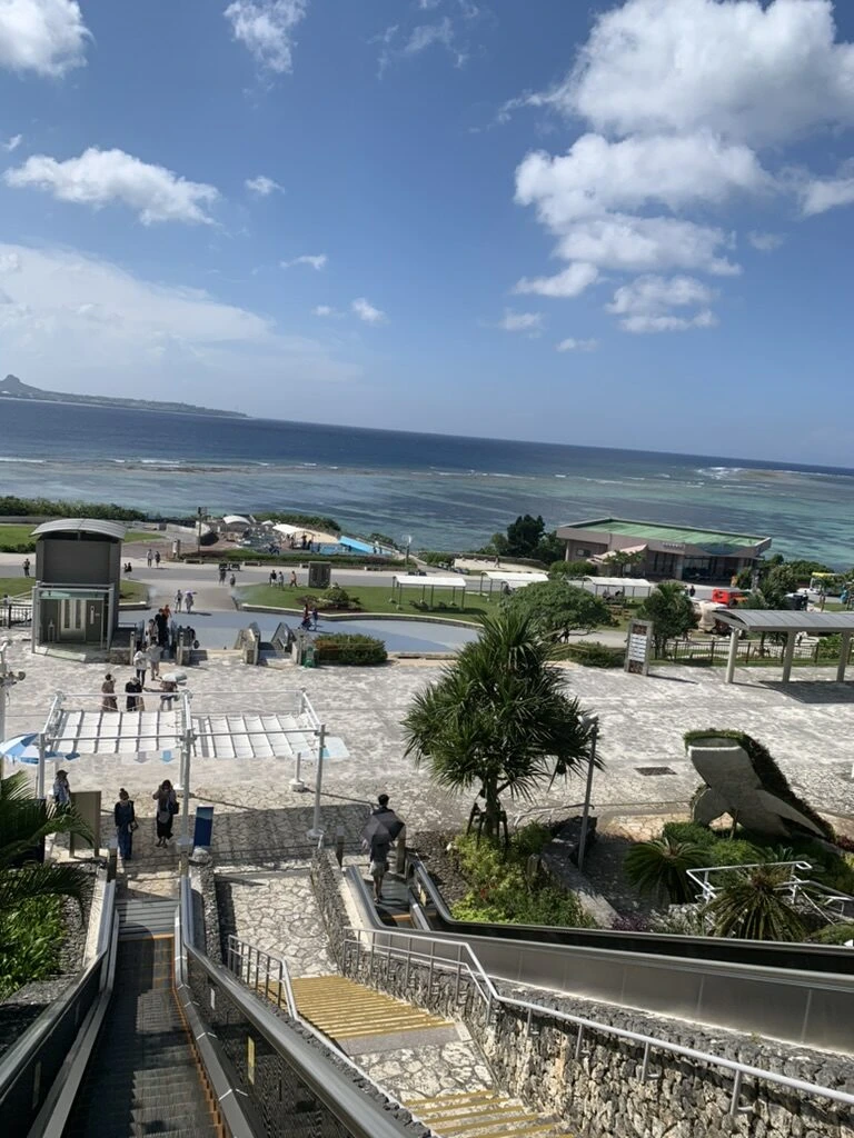水族館の上から下へ続く長いエスカレーターと広場、その先の海