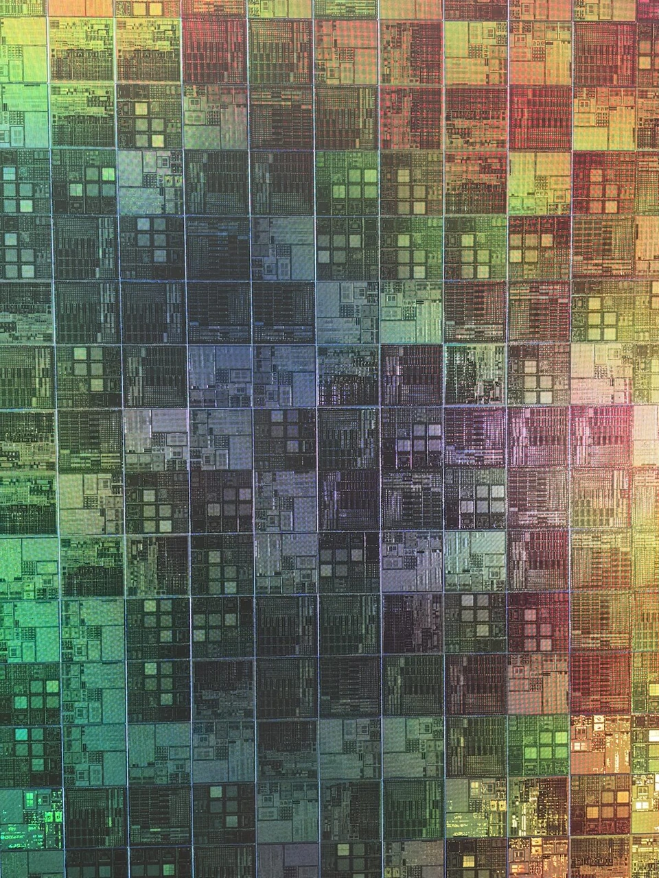 TECH WORLDの展示。半導体の回路が細かく並んだ、虹色に光る表面