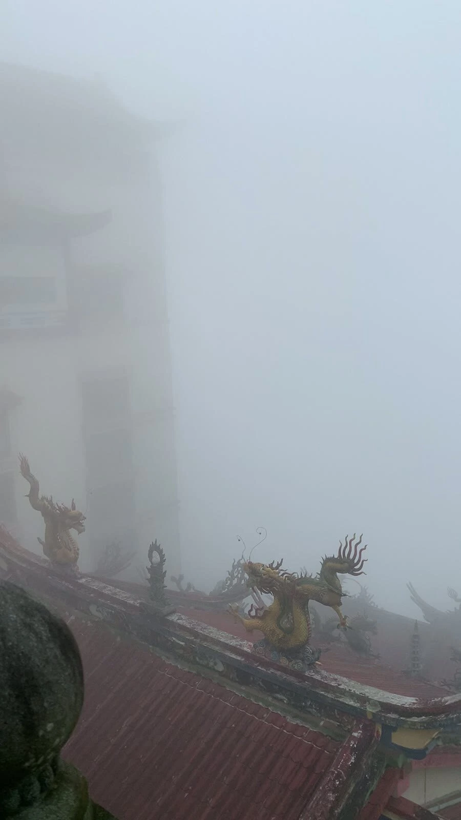 霧の中のチンスイ洞窟寺院の赤い瓦屋根と、屋根の上の金色の竜の飾り