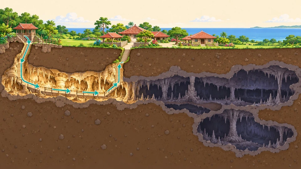 公開区間890mを歩いて、出口の階段から地上の赤瓦の町並みに出る順路のイラスト