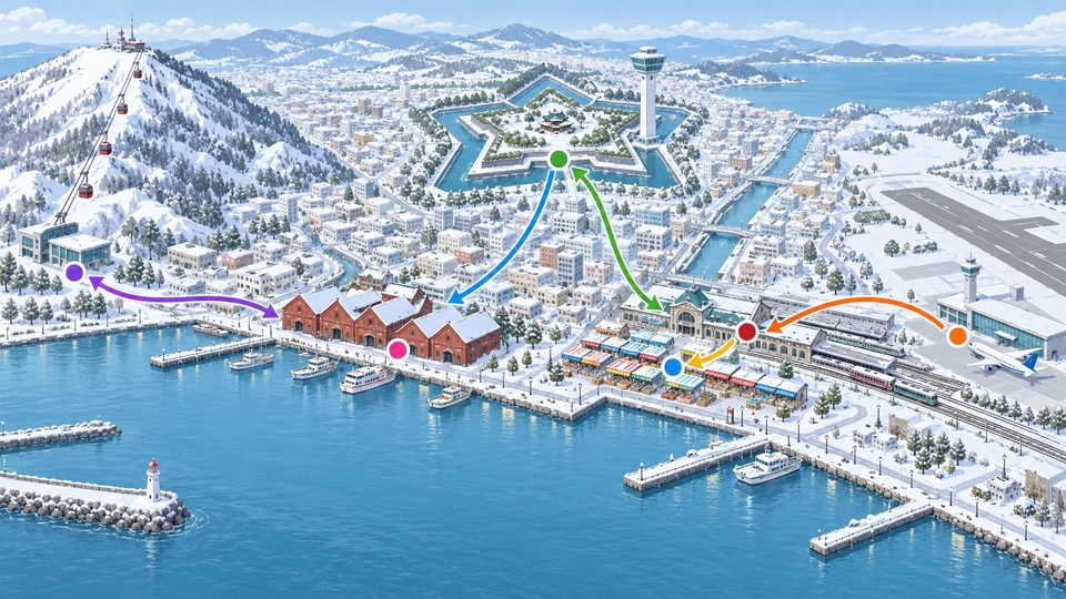 空港から函館駅、朝市、五稜郭、赤レンガ倉庫、函館山のふもとまで回る順番のイラスト