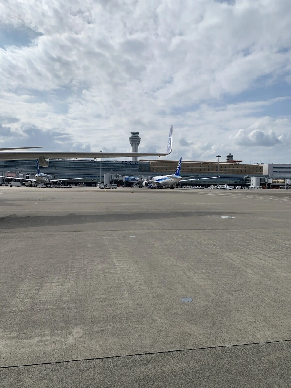 羽田空港の駐機場の地面から見た管制塔と第2ターミナル、遠くに止まるANA機