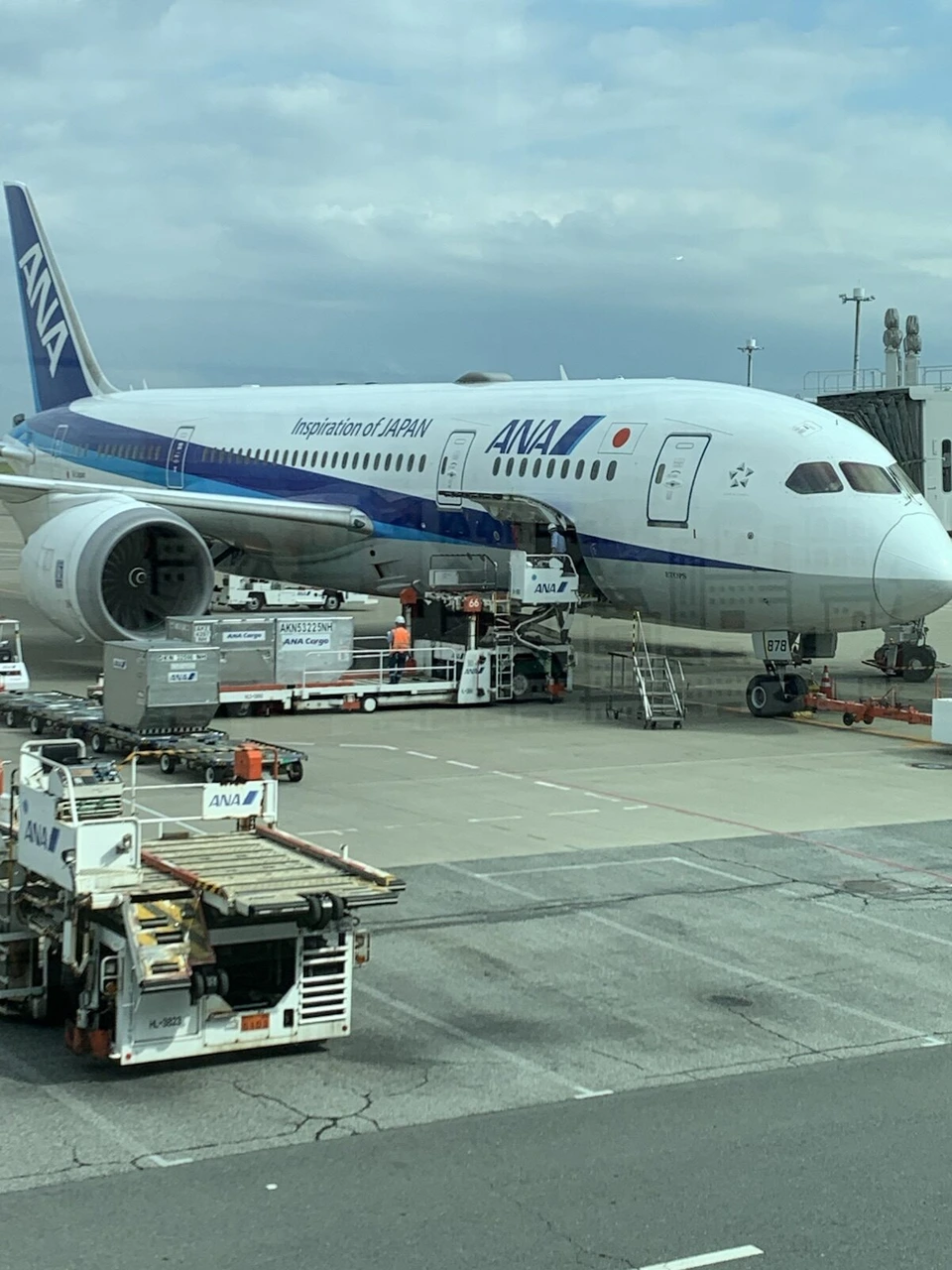 羽田空港第2ターミナルの窓から見たANAのボーイング787。手前に貨物を運ぶコンテナ車