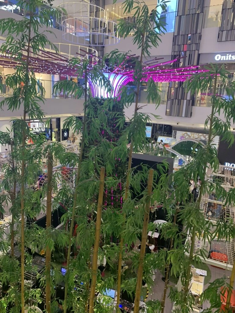 ショッピングモールの吹き抜けと竹の植栽、紫の照明