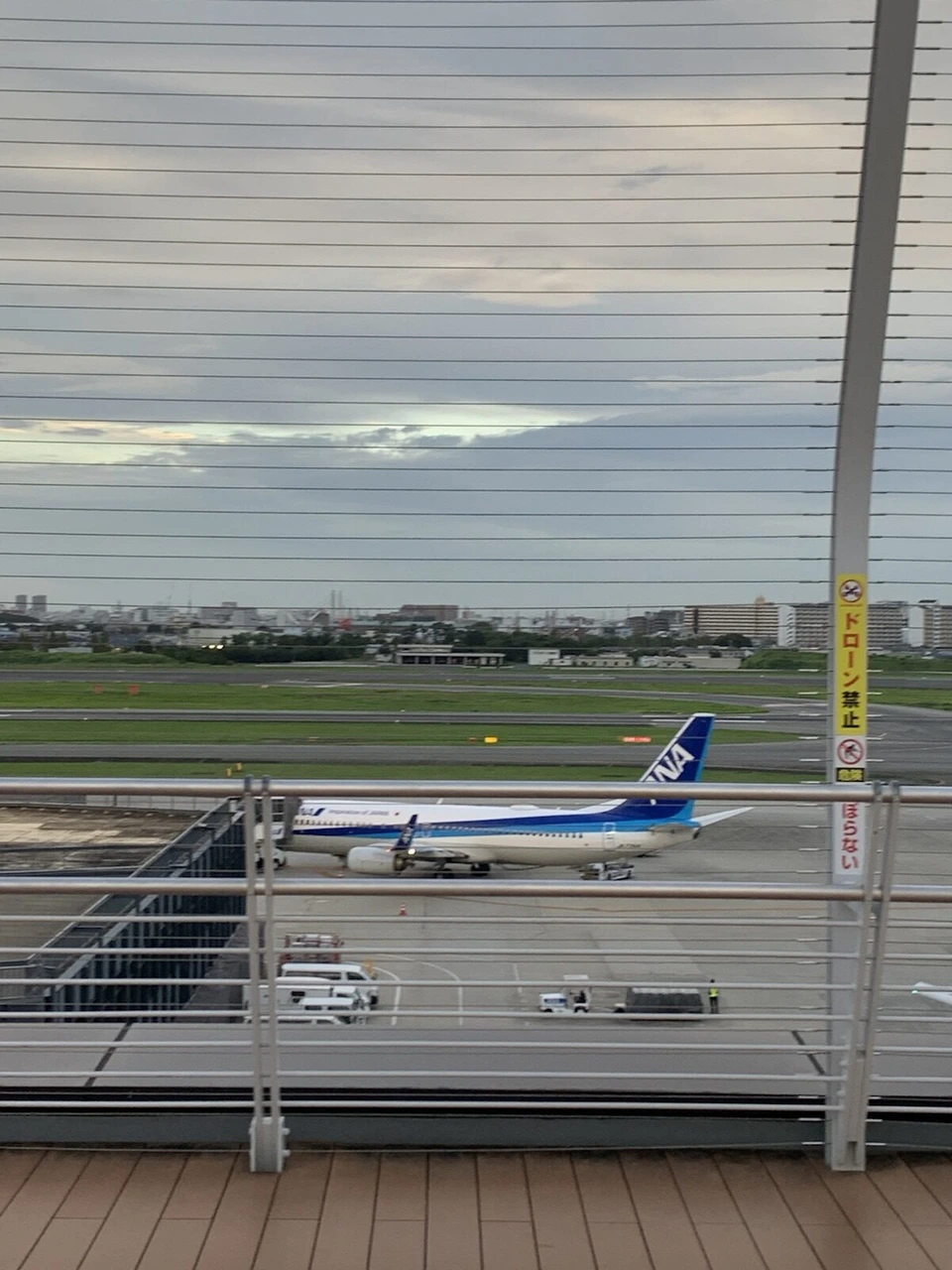 夕方の伊丹空港の展望デッキ。横に張られたワイヤーの柵越しに見える、ターミナルの前のANAのボーイング737。柵の支柱に注意書きの黄色い表示