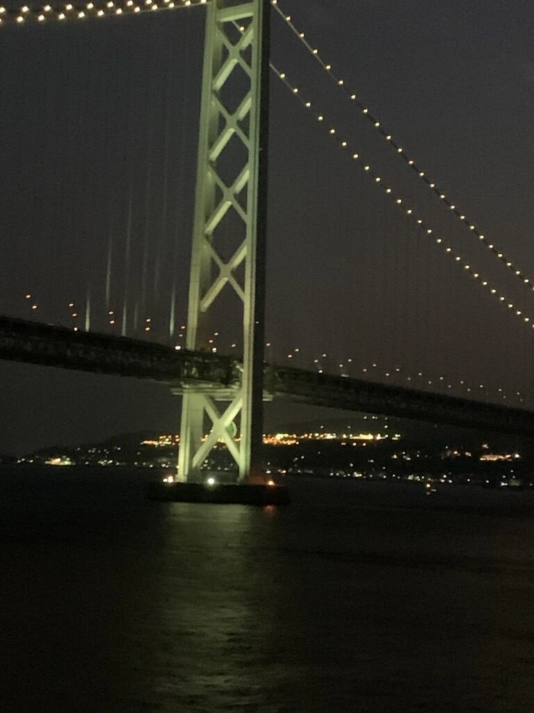 ライトアップされた明石海峡大橋の主塔を船から見上げる