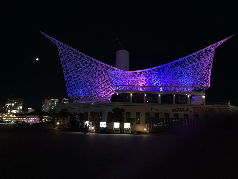 夜の神戸海洋博物館。網目の屋根が青と紫にライトアップされ、後ろに白い筒の覆いをかぶったポートタワー