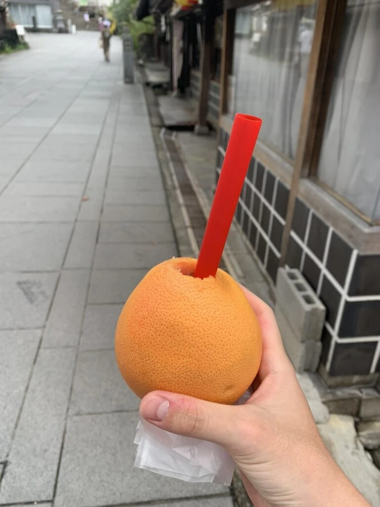 琴平の参道で買った、丸ごとのオレンジに赤いストローを挿したジュース